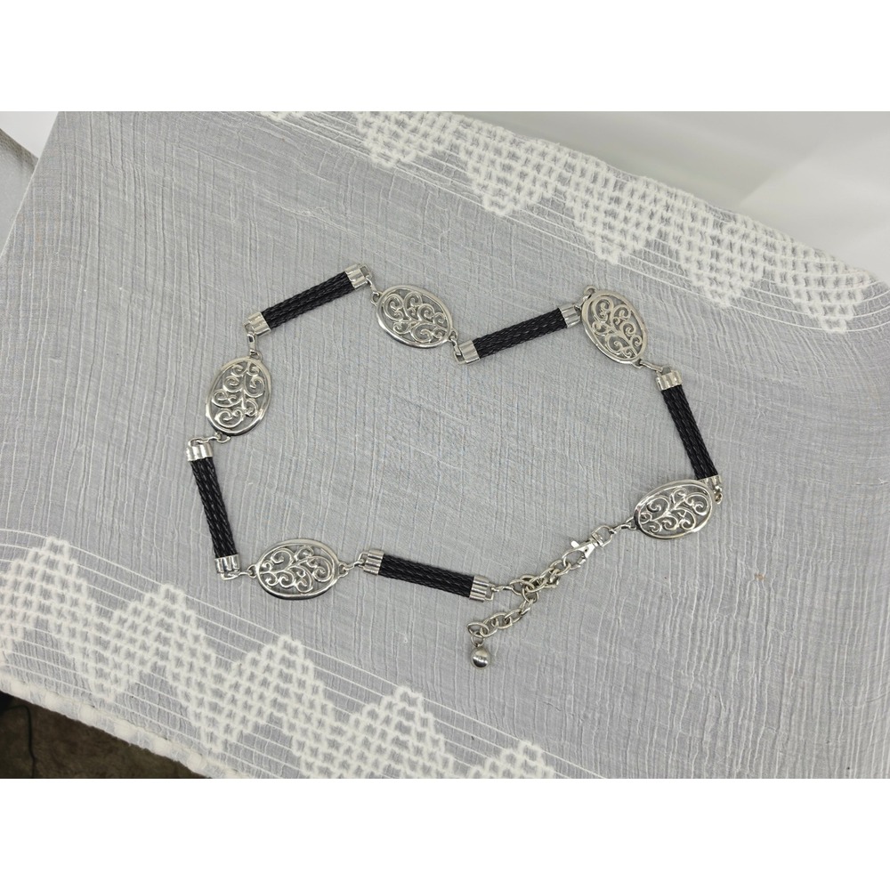 Vintage Silver Filigree Black Cord Chain Belt Women Adjustable Waist Hip Boho